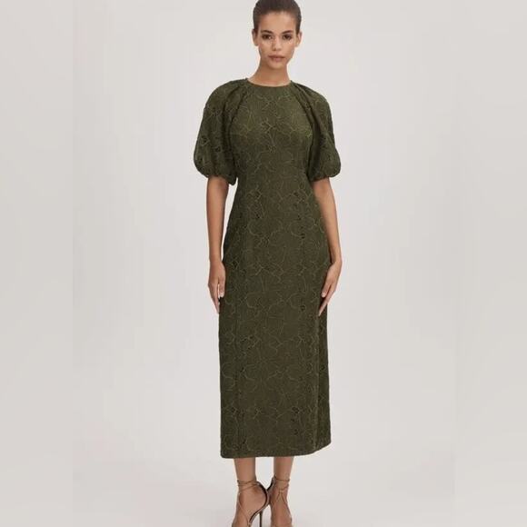 Florere x Reiss Dark Olive Corded Lace Puff Sleeve Midi Dress - Picture 1 of 12
